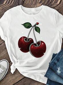 Playera De Manga Corta Con Estampado De Cerezas Brillantes Para Mujer Camiseta Casual De Cuello Redondo Suave Estilo Verano - Blanco - Ver 8