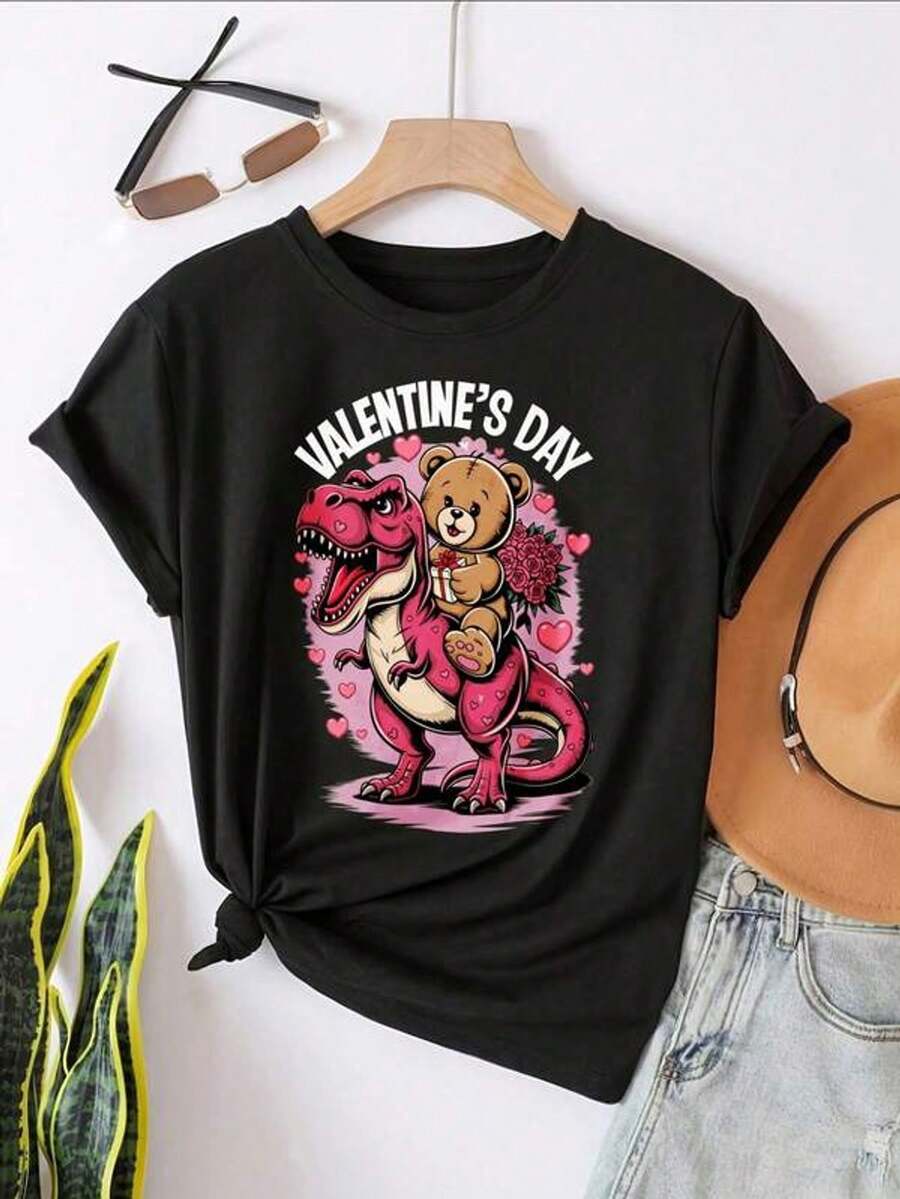 Women's Short Sleeve T-Shirt With Round Neck And Print, Valentine's Day Dinosaur Bear Hearts, Sizes S-3XL, Fashionable, Comfortable And Breathable, Machine Washable - 黑色 - 查看 1