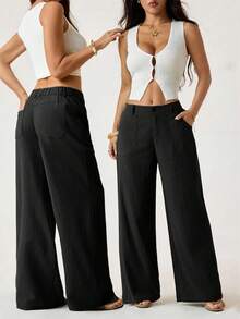 ZZL Women's Classic Lightweight Linen Palazzo Pants, Flowy Straight Wide Leg Summer Trousers, Beach Pants With Pockets, Casual Solid Color, Soft Elastic High Waist, Lounge Pants For Travel, Vacation, Dates, Brunch, Home, Work, Streetwear - 黑色 - 查看 1