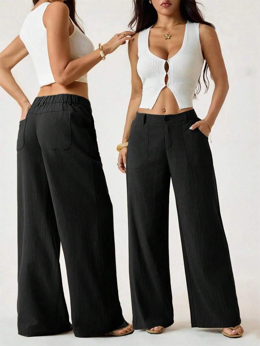 ZZL Women's Classic Lightweight Linen Palazzo Pants, Flowy Straight Wide Leg Summer Trousers, Beach Pants With Pockets, Casual Solid Color, Soft Elastic High Waist, Lounge Pants For Travel, Vacation, Dates, Brunch, Home, Work, Streetwear - 黑色 - 查看 1