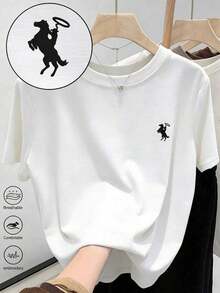 Women's Crew Neck T-Shirt With Men's Embroidered Print - Casual Crew Neck Top - Lightweight T-Shirt Suitable For All Seasons - 白色 6 - 查看 5