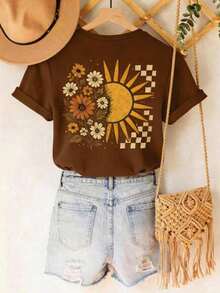 Women's Plus Size Short Sleeve T-Shirt With Round Neck, Loose Fit, Casual - 布朗 2 - 查看 3