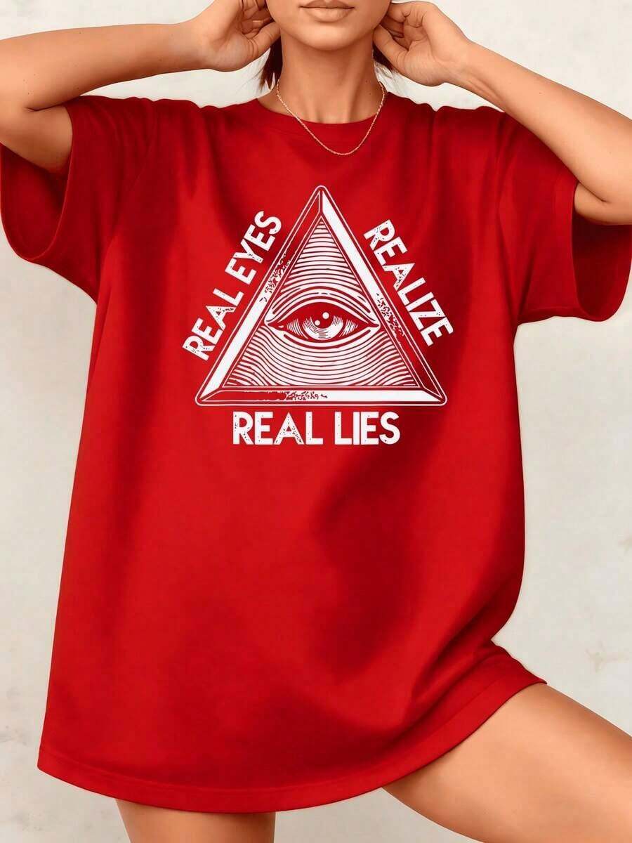 Women's T-Shirt With "Real Eyes Realize Real Lies" Graphic Print, 100% Cotton, Crew Neck, Casual Urban Style, Short Sleeve, Oversized T-Shirt, 1 Piece. Excellent Gifts For Friends And Family. - 紅色 - 查看 1