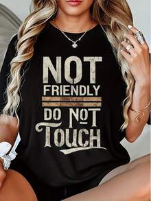 Plus Size Women's Graphic T-Shirt With The Phrase "NOT KIND, DO NOT TOUCH" - Funny Boundary Setting T-Shirt, Loose Fit, Short Sleeve, Crew Neck, Bold And Humorous Design, Casual And Office T-Shirt For Ladies, Durable Machine Washable Clothing - 黑色 - 查看 8