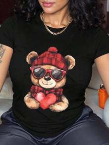 Women's 100% Cotton Casual T-Shirt With Bear Print Wearing A Plaid Hat And Sunglasses Holding A Heart, Fun Round Neck, Ideal For A Romantic Date Gift, Fashionable Summer Cotton T-Shirt - 黑色 - 查看 11
