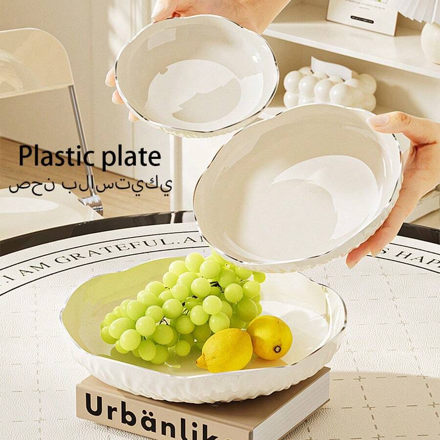 5,9/7,7/9,06 pouces Assiettes en plastique PP de tailles multiples, avec bord ondulé argenté antidérapant. Plateaux pour fruits et salades, vaisselle réutilisable pour la maison et les fêtes - blanc laiteux - Voir 1