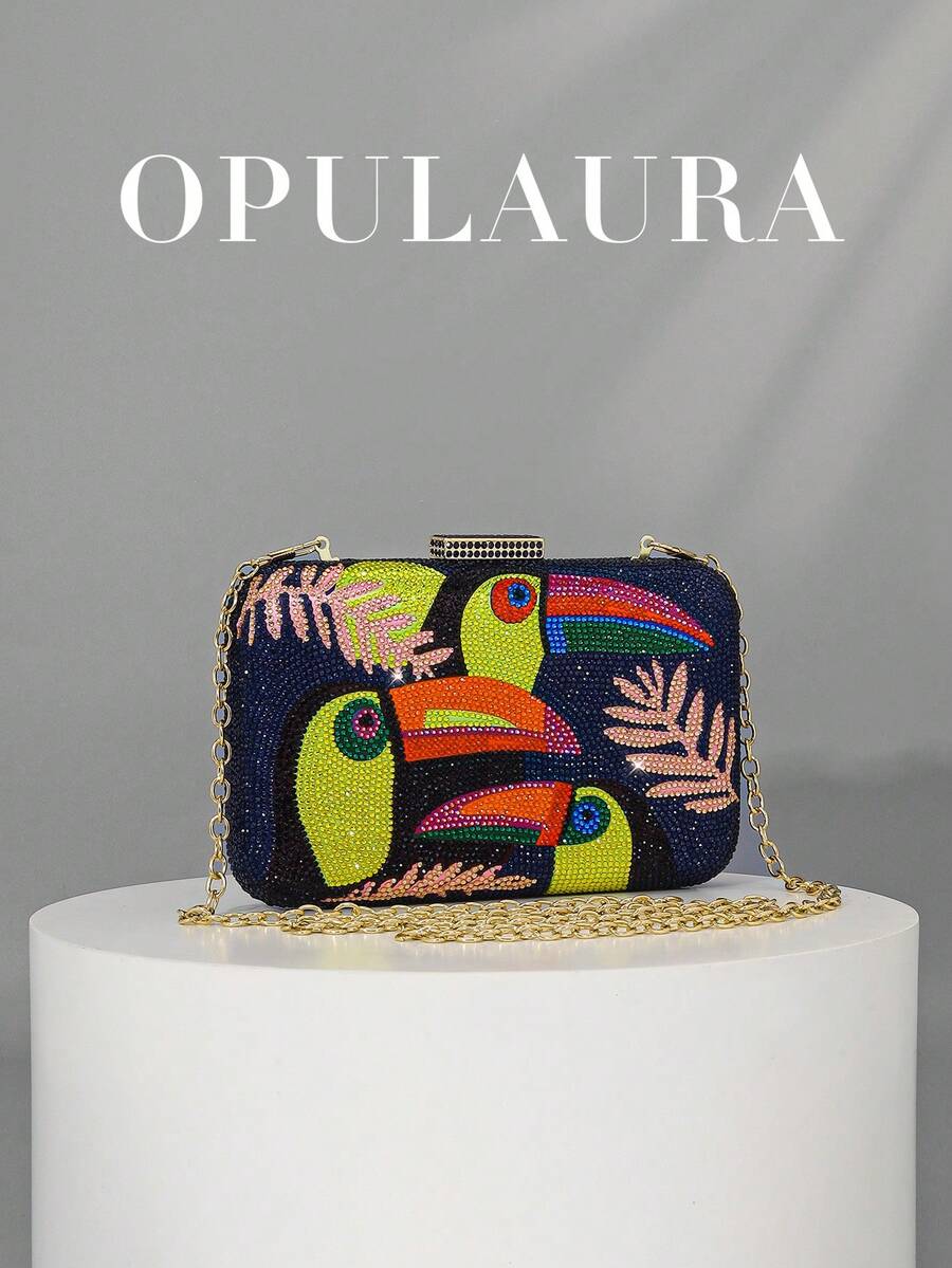 OpulAura 新款亮面大嘴鳥圖案水鑽手拿包,歐美設計,亮色系夏季手提包,適合派對、婚禮、舞會、晚餐/宴會,可搭配婚紗、晚禮服、生日禮服 - 藏蓝色 - 查看 1