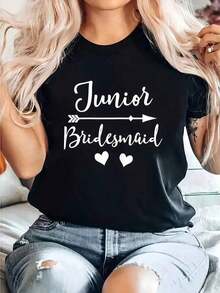 Junior Bridesmaid T-Shirt For Wedding, Bridal Party Gift, Printed T-Shirt, Casual Round Neck Short Sleeve Comfortable T-Shirt For Spring And Summer, Women's Summer Essentials Clothing, Summer Outfits For Women, Graphic Tees Everyday Wear - 黑色 - 查看 6