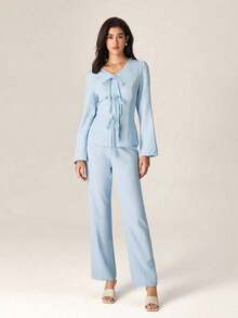 Conjunto de 2 piezas de top de manga larga con diseño de lazo elegante y pantalones rectos de cintura alta, color azul - Azul - Ver 3