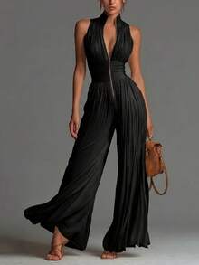Women's Pleated Sleeveless High Neck Wide Leg Jumpsuit, Elegant Waistbanded Pleated Palazzo Jumpsuit, Formal Office Wear Sleeveless Pleated One-Piece Outfit, Casual Summer Pleated Wide Leg Jumpsuit - màu đen - Xem 10