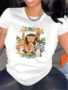 Gift: 1 White Women's T-Shirt With Jungle Animal Print, Round Neck, Casual Cotton T-Shirt, Medium Stretch Knit Fabric, Regular Fit For Ladies, Ideal For Spring/Summer/Autumn, Soft. - 白色 - 查看 5