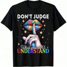 Camiseta versátil negra con las llamativas palabras "No juzgues" y coloridos gráficos de concientización sobre el autismo, con un diseño impactante que incluye rompecabezas táctiles (con esmalte de uñas de colores) y el texto fluido "Lo que no debes hacer", así como las vibrantes letras "Entender", perfecta para defensores que buscan un atuendo cómodo de una sola pieza. ,Camiseta con temática de fútbol,Ideal para el verano de chicos adolescentes,Estilo unisex apto para todas las estaciones,Disponible en tallas para adultos y niños,Top de verano para mujer,Tallas disponibles tanto para adultos como para niños - Negro - Ver 1