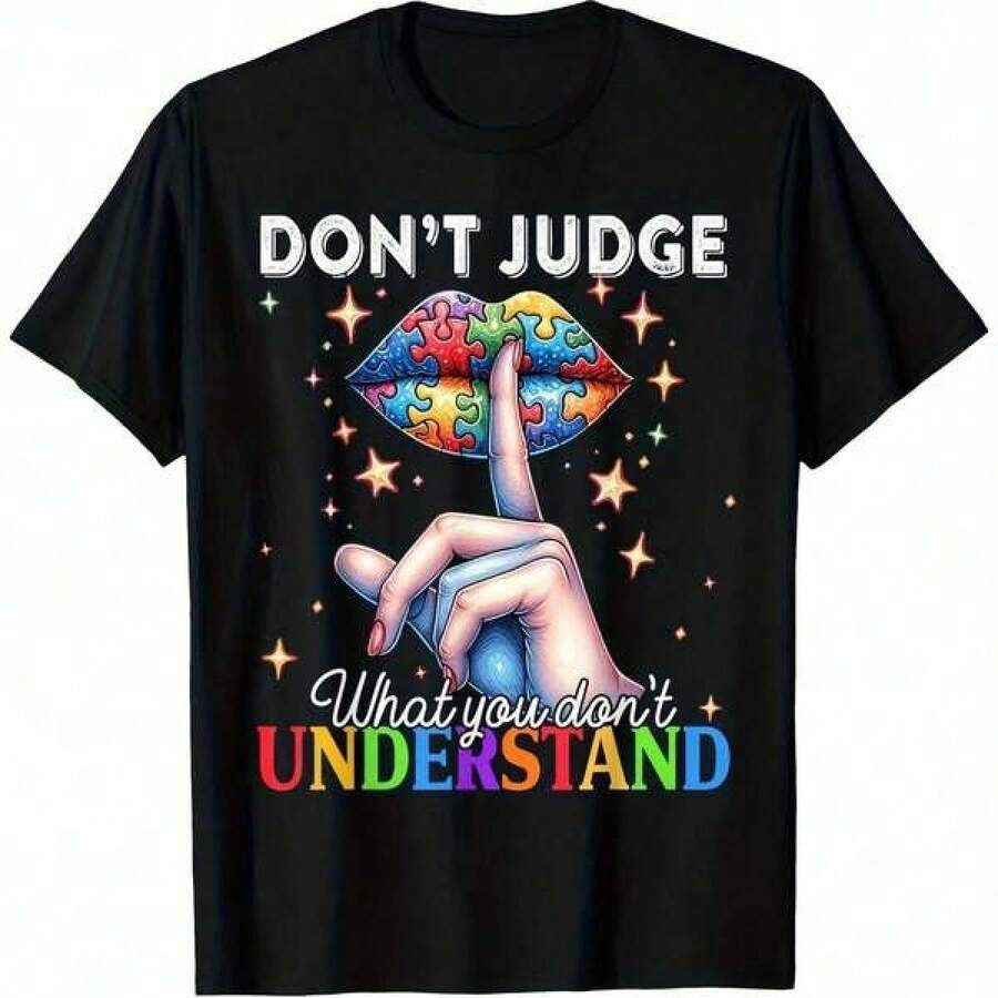 Camiseta versátil negra con las llamativas palabras "No juzgues" y coloridos gráficos de concientización sobre el autismo, con un diseño impactante que incluye rompecabezas táctiles (con esmalte de uñas de colores) y el texto fluido "Lo que no debes hacer", así como las vibrantes letras "Entender", perfecta para defensores que buscan un atuendo cómodo de una sola pieza. ,Camiseta con temática de fútbol,Ideal para el verano de chicos adolescentes,Estilo unisex apto para todas las estaciones,Disponible en tallas para adultos y niños,Top de verano para mujer,Tallas disponibles tanto para adultos como para niños - Negro - Ver 1