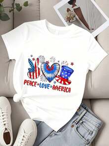 Women's Printed T-Shirt,  Women's T-Shirt, Patriotic Peace, Love, And America Design With American Flag Heart And Uncle Sam Hat For Independence Day Celebration. Summer T-Shirt. - 白色 - 查看 4