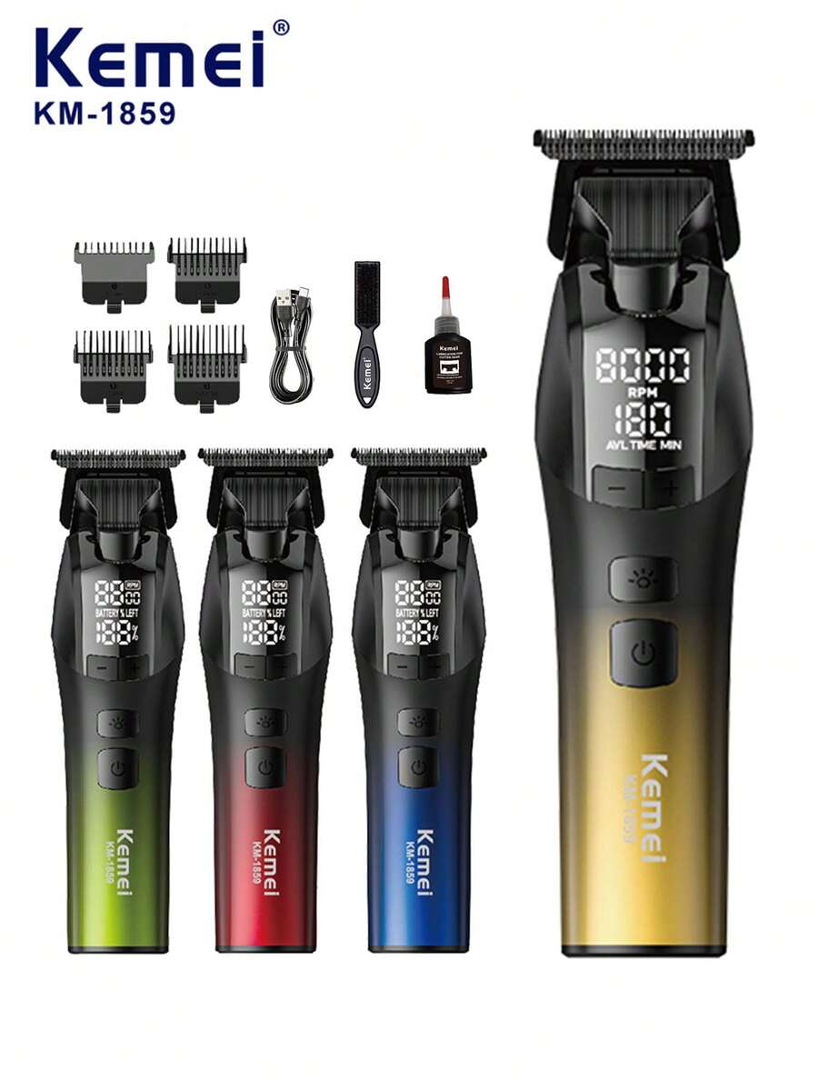 Kemei KM-1859 四色电动理发器，五档可调高速电动修剪器，Type-C 快充无线理发器，超长续航，家用理发/胡须修剪器，带数字显示屏