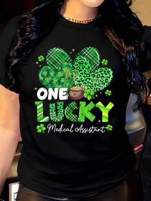 Camiseta de mujer verde a cuadros con estampado de leopardo y trébol, cuello redondo, manga corta, adecuada para uso diario al aire libre, perfecta para todas las estaciones. - Negro - Ver 10