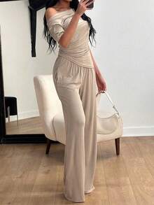 New Women's Summer Outfit, Minimalist And Elegant Style, Short Sleeves, Long Pants, Flattering Design, Cool, Versatile, Perfect For Office, Daytime Looks, Walks And Everyday Wear - 駝色 - 查看 2