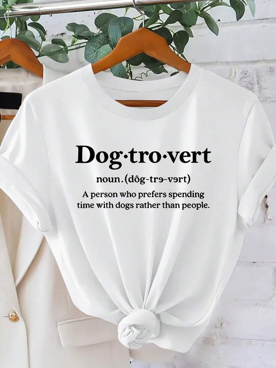 Women's T-Shirt With "Dog-Tro-Vert" Definition Print, Quirky Style "Social Anxiety", Short-Sleeved Crew Neck Top For Dog Lovers, Perfect For Everyday Wear In Spring/Summer 2026, Stylish Vintage Party Wear, Sizes S-XXL - 白色 - 查看 1