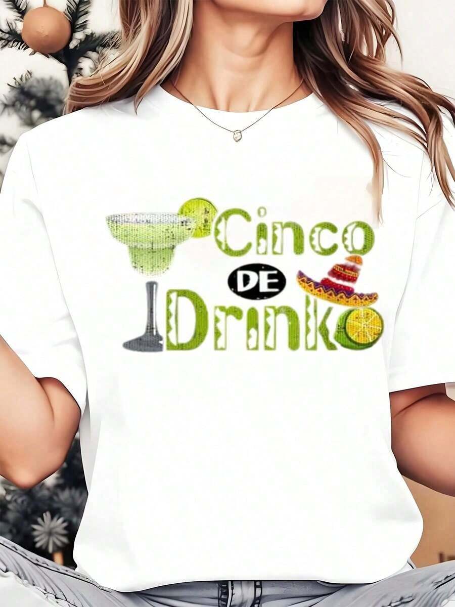 Cinco De Mayo Margarita And Sombrero Print Women's Round Neck T-Shirt For Fiesta Celebration 220g Loose Fit T-Shirt For Women - 白色 - 查看 1