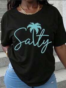 Women's Summer T-Shirt With Salty Palm Tree Print, Casual Loose Fit, White, For Vacation, 100% Pure Cotton Graphic T-Shirt, Women's T-Shirt - 黑色 - 查看 1