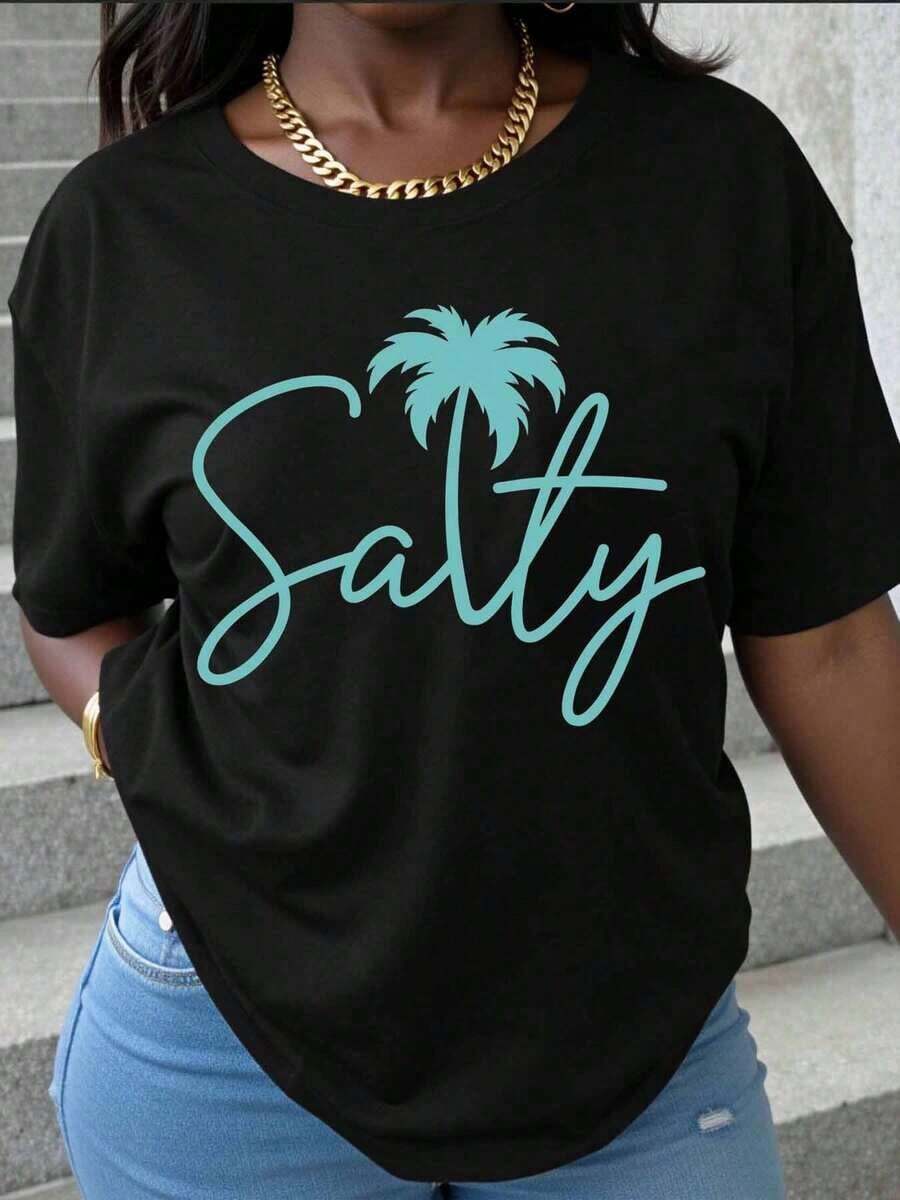 Women's Summer T-Shirt With Salty Palm Tree Print, Casual Loose Fit, White, For Vacation, 100% Pure Cotton Graphic T-Shirt, Women's T-Shirt - 黑色 - 查看 1