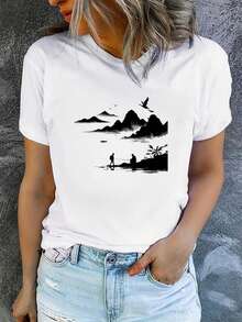 Camiseta Estampada para Mujer - Camiseta Casual de Manga Corta y Cuello Redondo con Diseño de Montaña y Playa en Blanco y Negro, Corte Relajado para Todas las Estaciones, Perfecta para Uso Diario y Vacaciones (Lavable aáquina). - Blanco - Ver 7