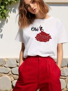 1 Women's Short Sleeve Crew Neck T-Shirt For Spring/Summer, Featuring A Vibrant Red Ball Gown Dancer Image And "Olé" Print, 180g, 100% Cotton. - 白色 - 查看 2