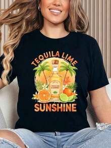 Primavera Grafica Vacanze Women's T-Shirt - 100% Cotton, Tequila Lime Sunshine Print, Retro Summer Vacation, Crew Neck, Short Sleeves, Casual, 1 Piece - Black - View 1