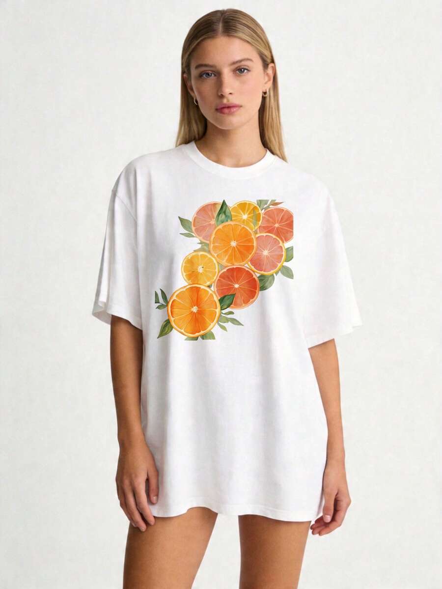 Conjunto de 1 pieza con estampado de frutas premium, camiseta unisex de cuello redondo 100% de talla extra grande, camiseta básica de corte holgado, diseño de rodajas de cítricos, adecuada para conjuntos familiares y de parejas, ropa de verano, regalo para amigos y familiares, ecológica. - Blanco - Ver 1