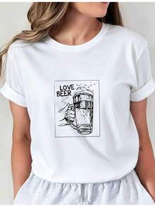Camiseta Estampada para Mujer - Camiseta Casual de Manga Corta y Cuello Redondo con Diseño Gráfico LOVE BEER. Con un Corte Relajado para Todas las Estaciones, Perfecta para el Uso Diario y Atuendos de Vacaciones (Lavable aáquina). - Blanco - Ver 7