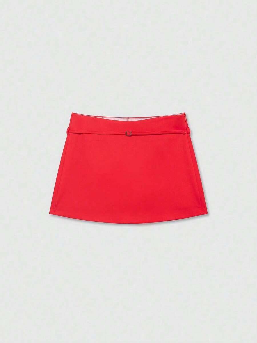 Falda pantalón de cintura con cremallera de unicolor para mujer, de verano - Rojo - Ver 1