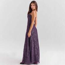 Nuevo Vestido Largo de Gala con Encaje y Apliques Florales Tirantes Delgados - Morado - Ver 7