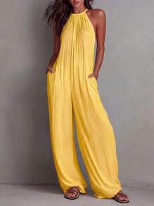 White Wide-Leg Jumpsuit With Pleats And Open Back, Perfect For A Holiday Look. - 黃色 - 查看 3