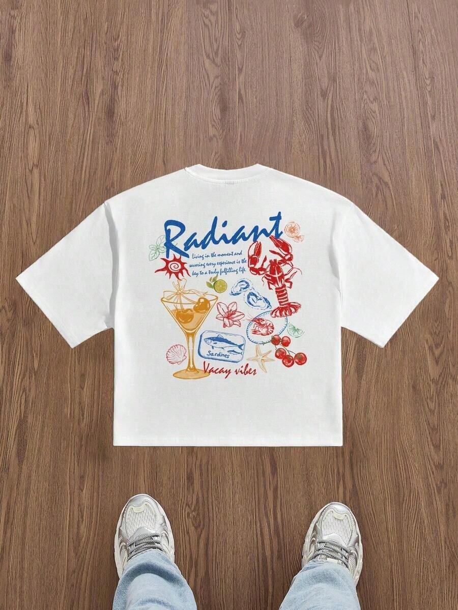 Camiseta de Manga Corta Blanca con Estampado Colorido RADIANT para Vacaciones en la Playa, Estilo Casual y de Moda - Estilo Urbano Vintage Unisex, Camiseta Holgada de Algodón con Cuello Redondo y Manga Corta, blusas para mujer. blusas.blusas casuales para dama. - Blanco - Ver 1