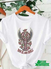Women's T-Shirt With Round Neck And Anime Letter Print, Simple Design, Comfortable And Breathable, Suitable For Casual Daily Wear, Showing A Natural And Elegant Style, A Must-Have For Summer Parties, With Lobster Wings. - 白色 - 查看 1