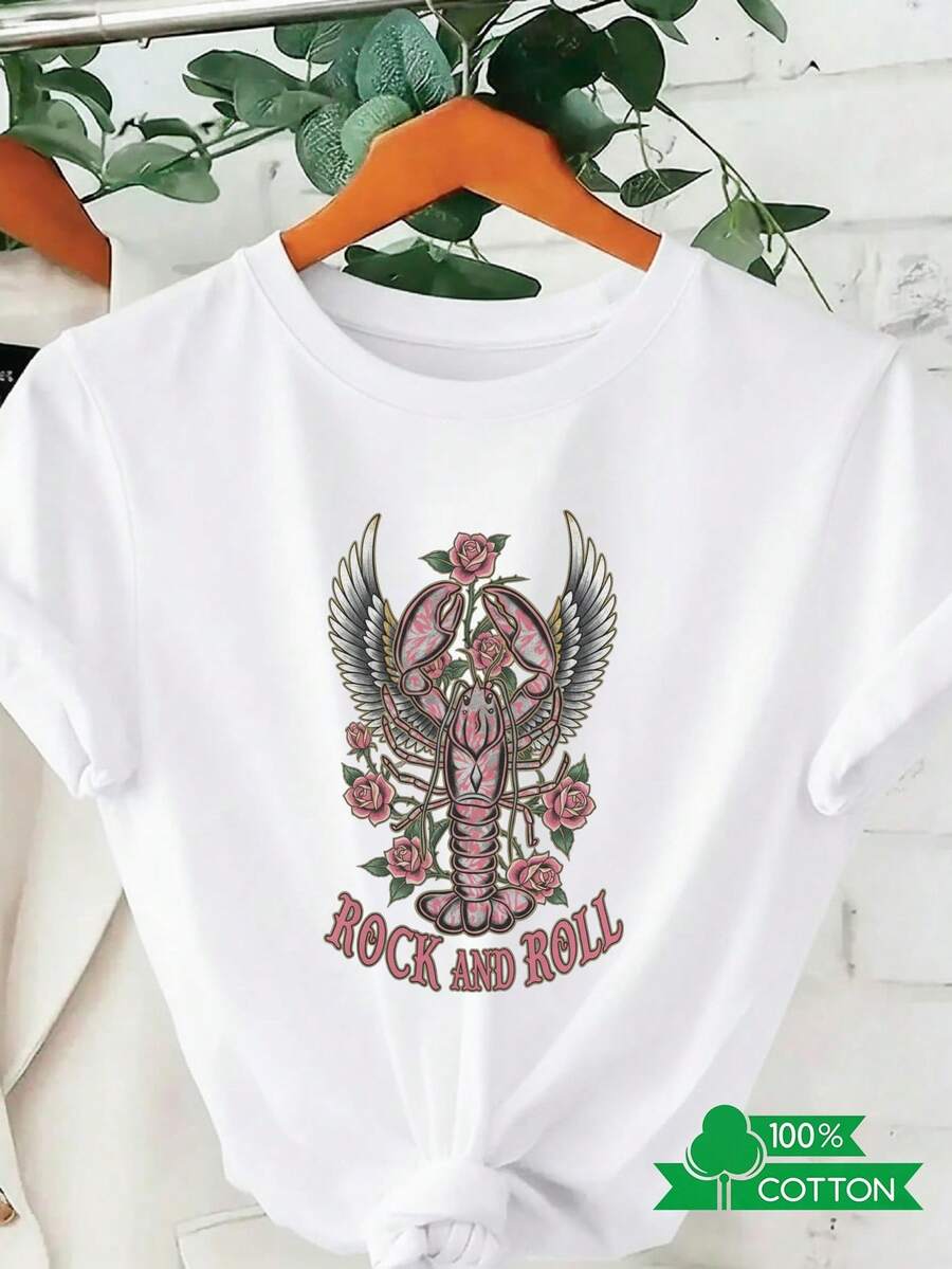 Women's T-Shirt With Round Neck And Anime Letter Print, Simple Design, Comfortable And Breathable, Suitable For Casual Daily Wear, Showing A Natural And Elegant Style, A Must-Have For Summer Parties, With Lobster Wings. - 白色 - 查看 1