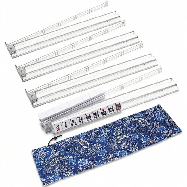 Mahjong All-In-One Tile Rack & Pusher With Bag, Clear Acrylic Mahjong Combo, Modern American Majiang, Set Of 4, Built-In Pushers, Transparent