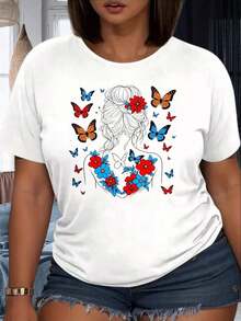Women's T-Shirt With Bohemian Style Butterfly And Flower Design, Elegant Hair Illustration, Casual Summer Wear, Outdoor Party Outfit, Cotton T-Shirt - 白色 - 查看 1
