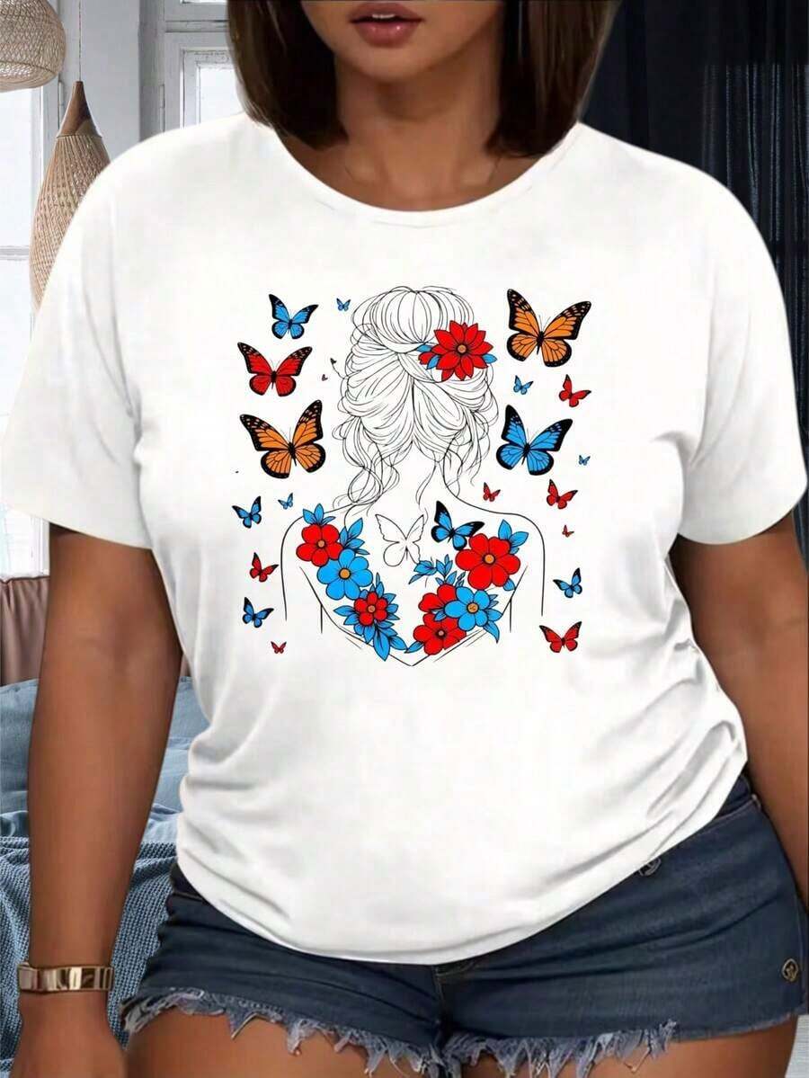 Women's T-Shirt With Bohemian Style Butterfly And Flower Design, Elegant Hair Illustration, Casual Summer Wear, Outdoor Party Outfit, Cotton T-Shirt - 白色 - 查看 1
