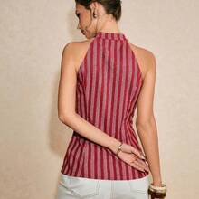 Blusa de verano con estampado de rayas, lazo decorativo y ajuste ceñido para uso casual, de viaje y diario - Café integral - Ver 3