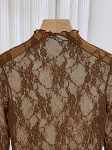 Atasan Zelie Wanita Lengan Panjang Berenda Cokelat, Berenda Transparan, Gaya Berlapis untuk Liburan - Coffee Brown - View 4