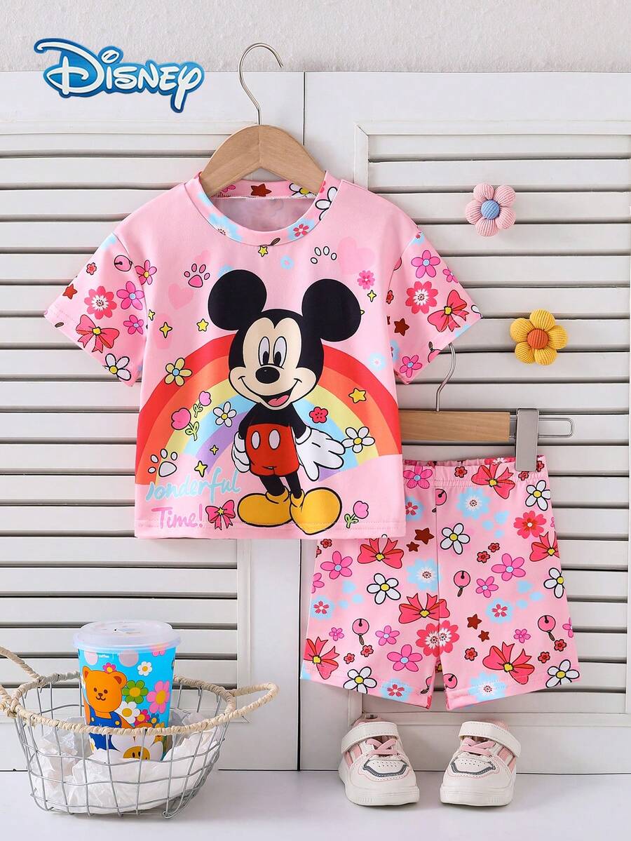Disney 女婴迪士尼柔软可爱韩版T恤套装,宽松插肩袖圆领彩虹米奇和花卉印花短袖T恤+花卉短裤,休闲日常、假日、派对装扮,适合3岁以下女童 - 粉色 - 查看 1