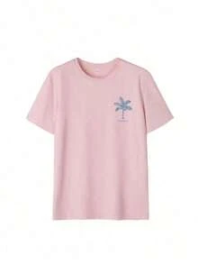 Women's Short-Sleeved T-Shirt With A Round Neck And Palm Print, A Casual And Modern Style, Ideal For Summer, Your Everyday Essential. Printed T-Shirt, White Top For Women, Top, Pink Top, Holiday Set, 100% Cotton - 粉色 - 查看 5