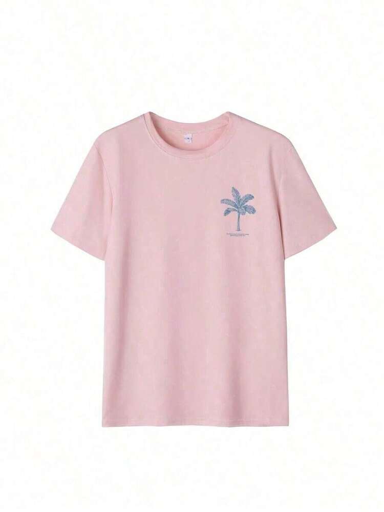 Women's Short-Sleeved T-Shirt With A Round Neck And Palm Print, A Casual And Modern Style, Ideal For Summer, Your Everyday Essential. Printed T-Shirt, White Top For Women, Top, Pink Top, Holiday Set, 100% Cotton - Hồng - Xem 5