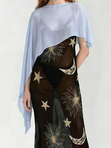 Women Sheer Mesh Poncho Solid Color Round Neck Asymmetrical Hem Loose Shawl Wraps Cape Tops - 淺藍色 - 查看 1