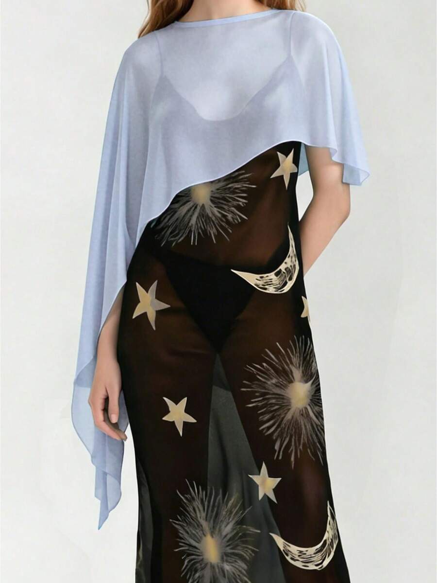 Women Sheer Mesh Poncho Solid Color Round Neck Asymmetrical Hem Loose Shawl Wraps Cape Tops - 淺藍色 - 查看 1