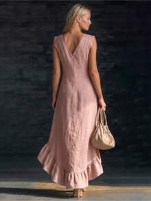 Vestido Largo de Algodón y Lino 2026 Verano, Sin Mangas Cuello V con Volantes en el Borde Inferior - Blanco - Ver 2