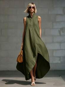 Women's Dress 2026 European American Minimalist Style, Sleeveless With Half Zipper Closure Loose Fit In Cotton Linen Fabric - 軍綠色 - 查看 1