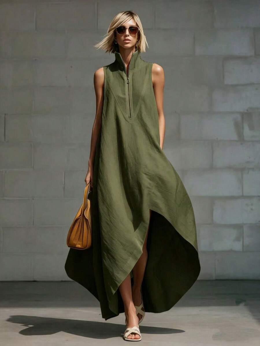 Women's Dress 2026 European American Minimalist Style, Sleeveless With Half Zipper Closure Loose Fit In Cotton Linen Fabric - 軍綠色 - 查看 1