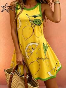 Sea Starshine Women's Fashionable Versatile Simple Elegant Resort Beach Style Spring Summer Lemon Summer Print Round Neck Sleeveless Knit Skirt - Multicolor - View 7
